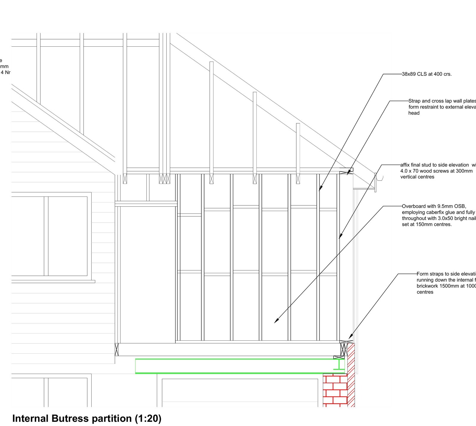 Elevation of an OSB-sheathed timber stud partition sitting on a steel beam and strapped to the external brick wall