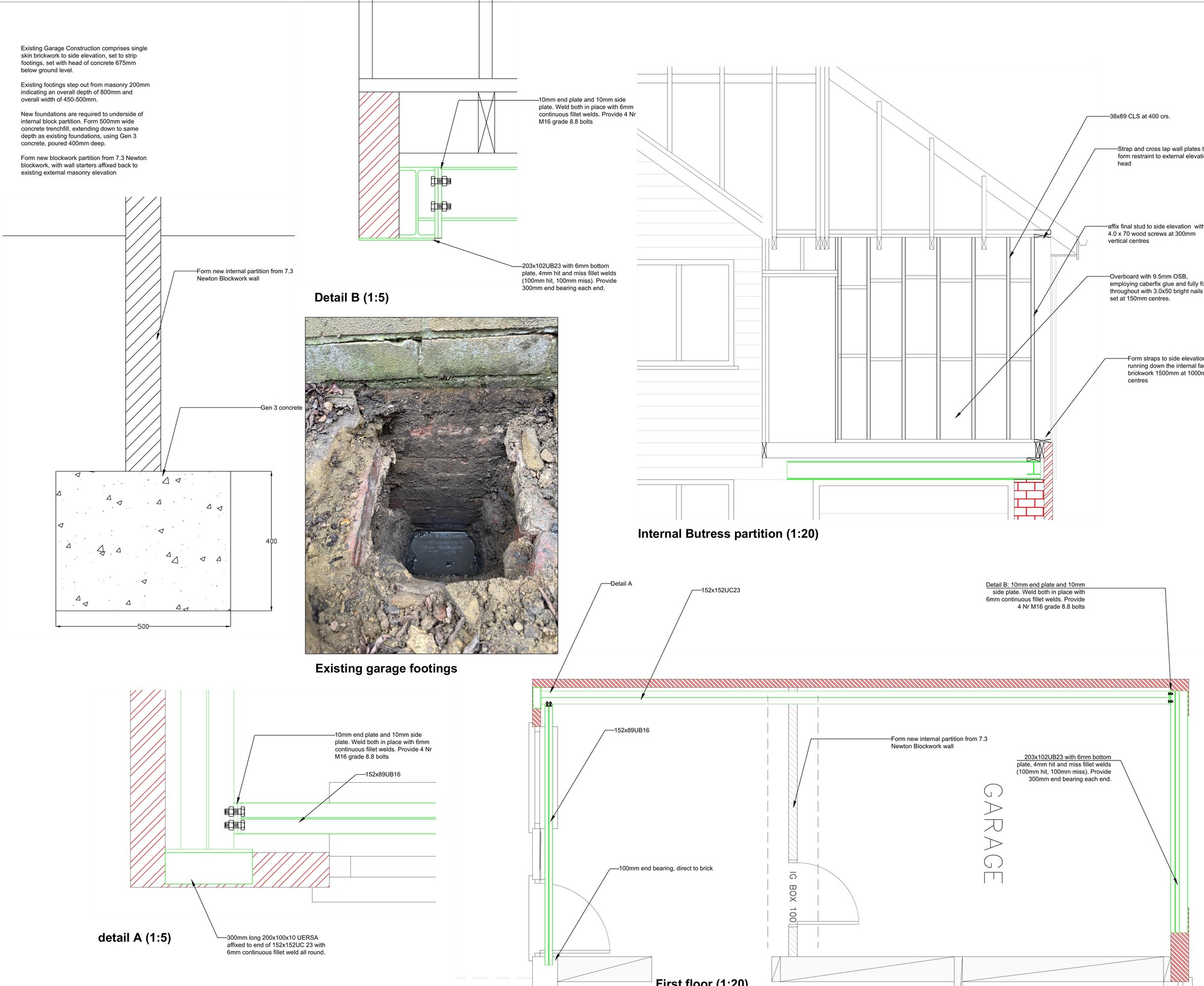 Drawing sheet for a garage conversion showing steel details, a buttress partition and a trial pit photo