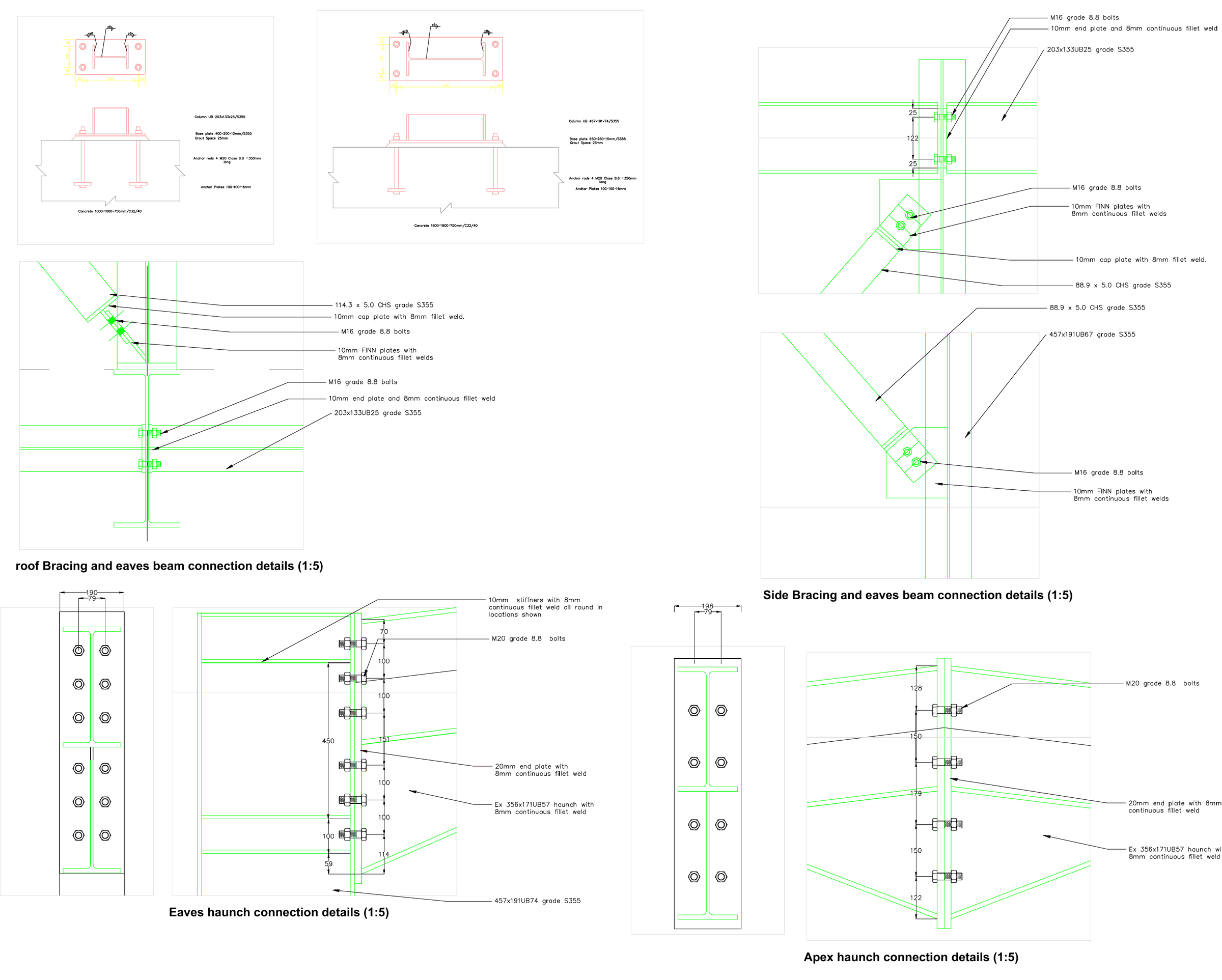 Connection details: base plates, bracing connections, eaves haunch and apex haunch with bolt layouts and stiffeners