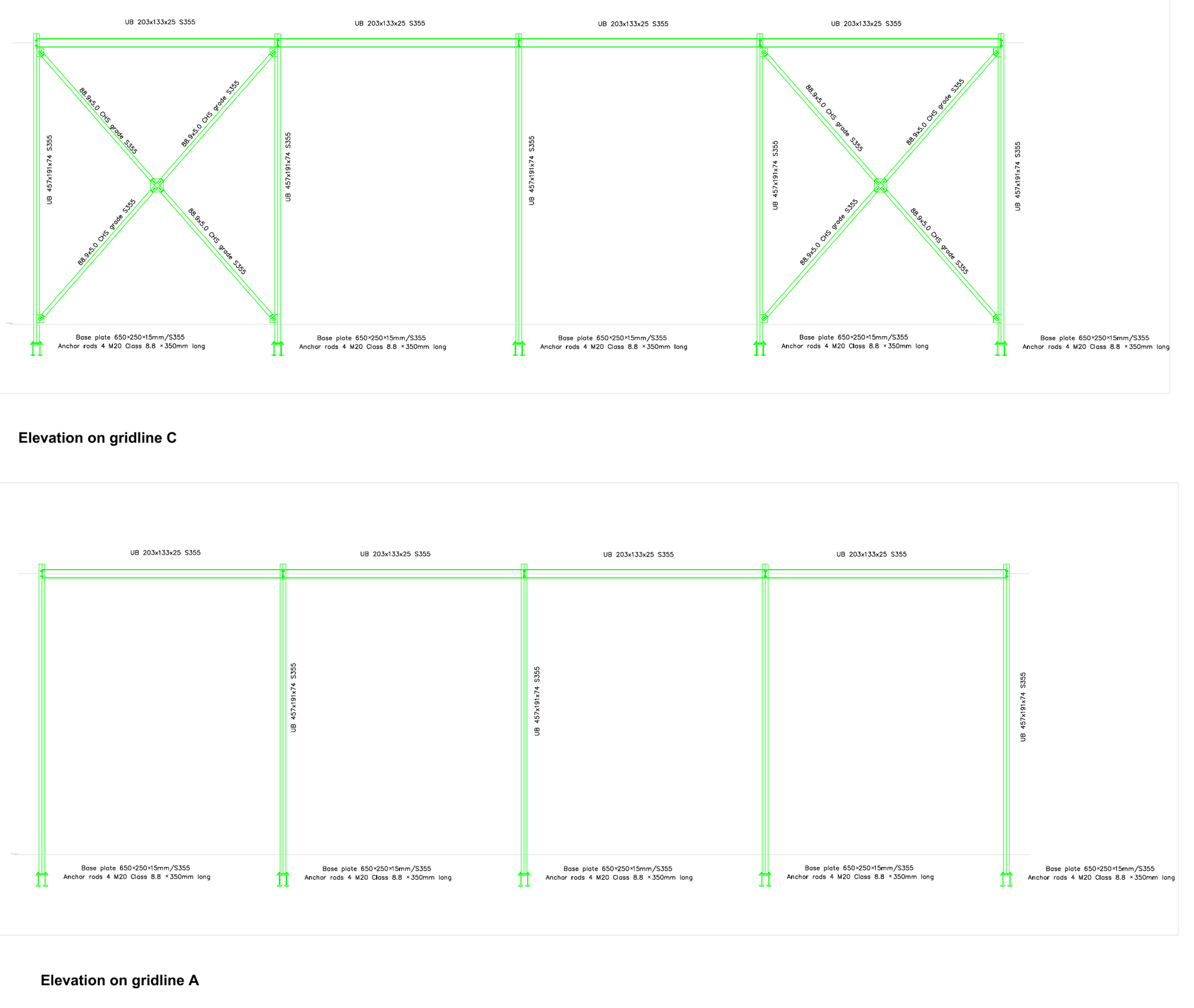 Long elevations: the braced back wall on gridline C and the fully open front on gridline A