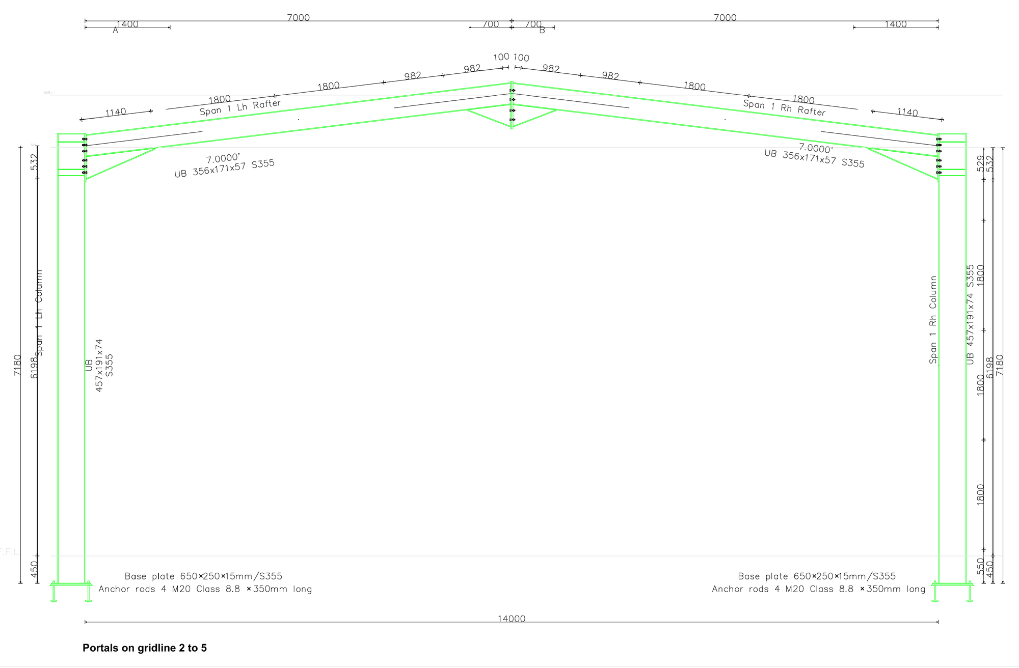 Elevation of a typical portal frame with 457x191 UB74 columns, 356x171 UB57 rafters, haunches and base plates