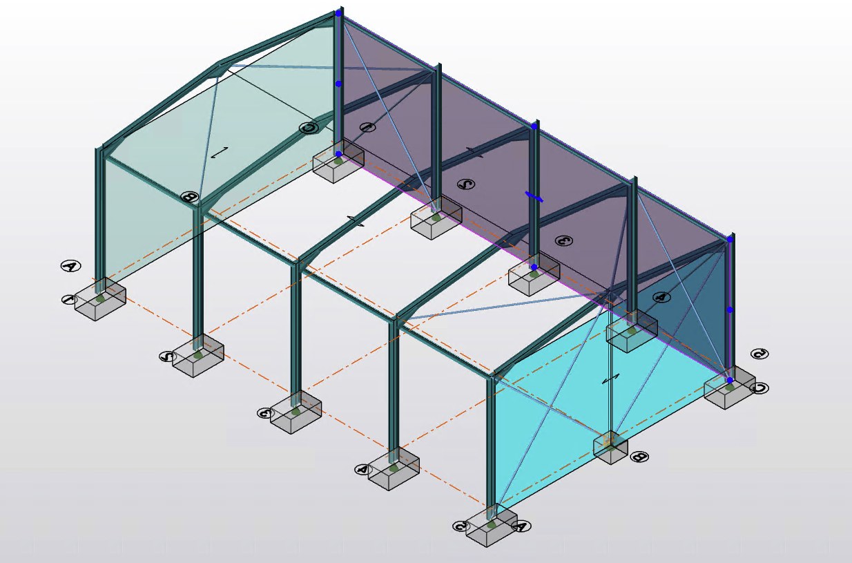 3D analysis model of the steel portal frame showing five frames, roof and wall bracing, and pad foundations
