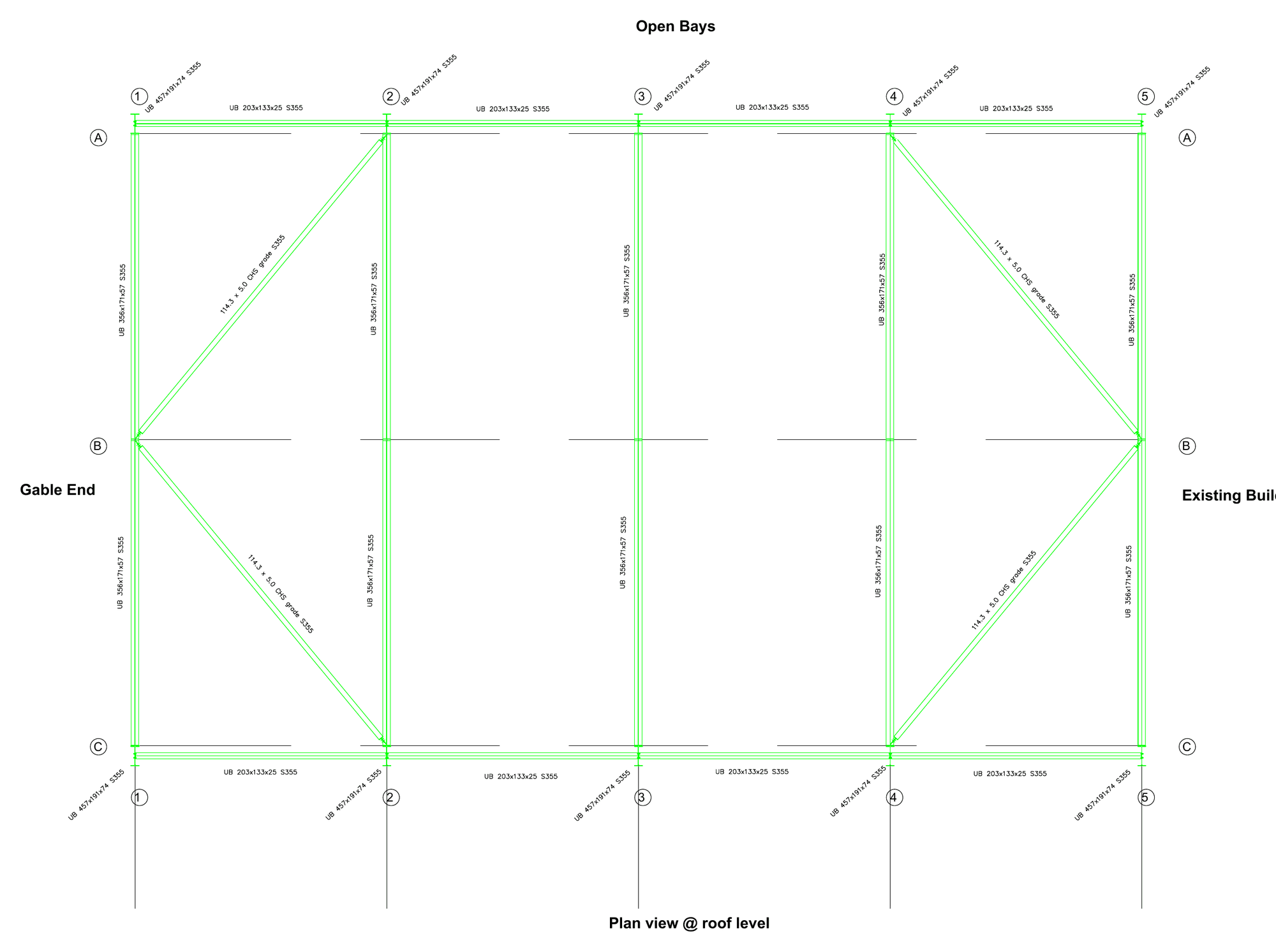 Roof plan showing frames on gridlines 1 to 5, eaves beams and diagonal roof bracing in the end bays