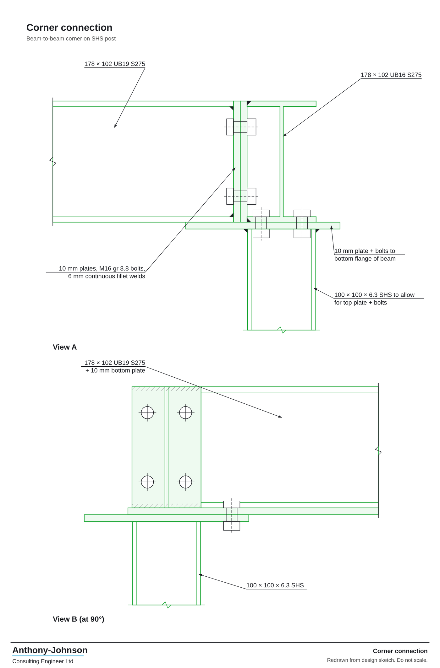Drawing of the steel corner connection in two views: beams, end plates, M16 bolts, cap plate and SHS post