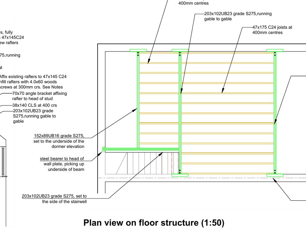 Plan of the new floor structure showing steel beams gable to gable and timber joists