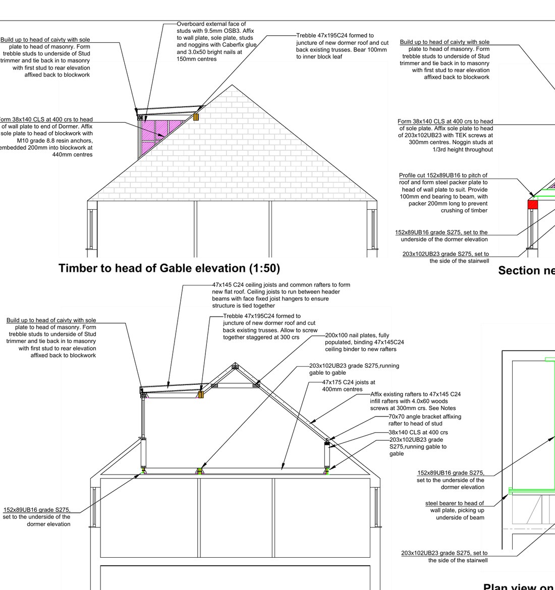 Section drawings of a loft conversion with dormer, steel floor beams and new rafters