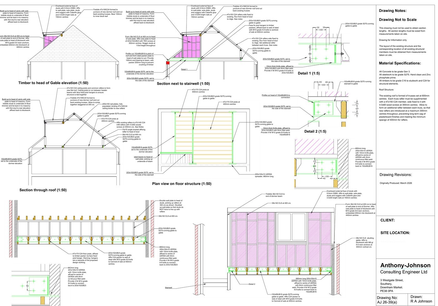 Full drawing sheet for a loft conversion with sections, floor plan, steel connection details and notes